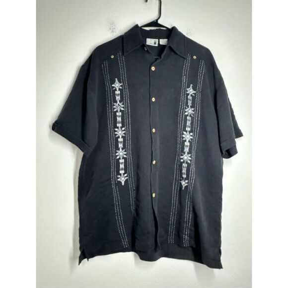 Modern Images Men's Hawaiian Shirt Black Embroidered Short Sleeve Buttoned Sz L - Picture 1 of 10